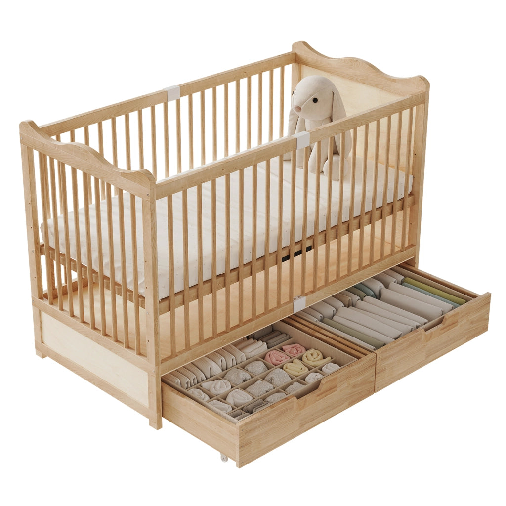 Lettino Baby 70x140 cm in Pino Massello con 4 Altezze Regolabili e Cassetti; Naturale
