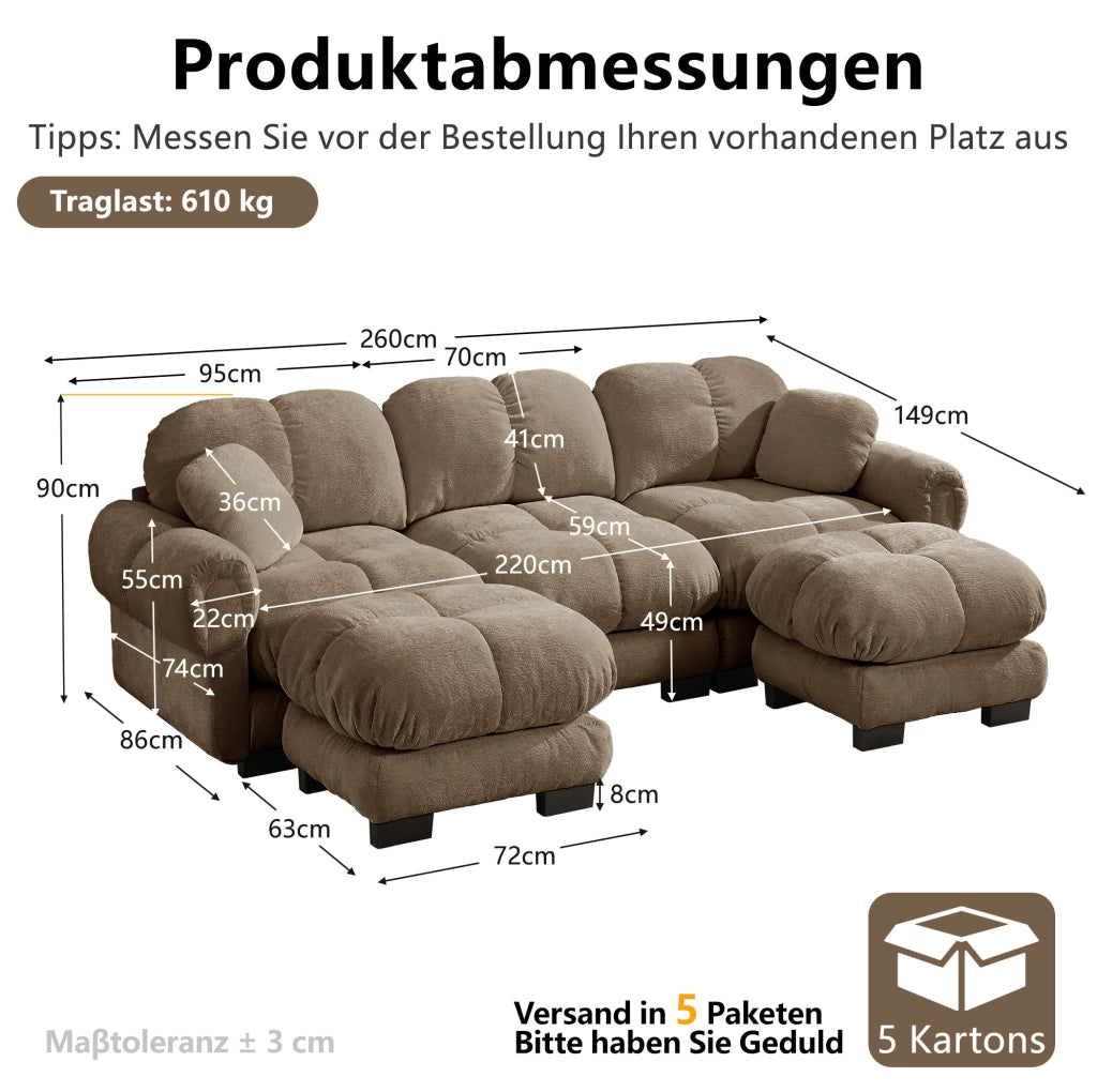 Divano a 3 posti a U in tessuto chenille marrone con pouf mobile e 2 cuscini decorativi