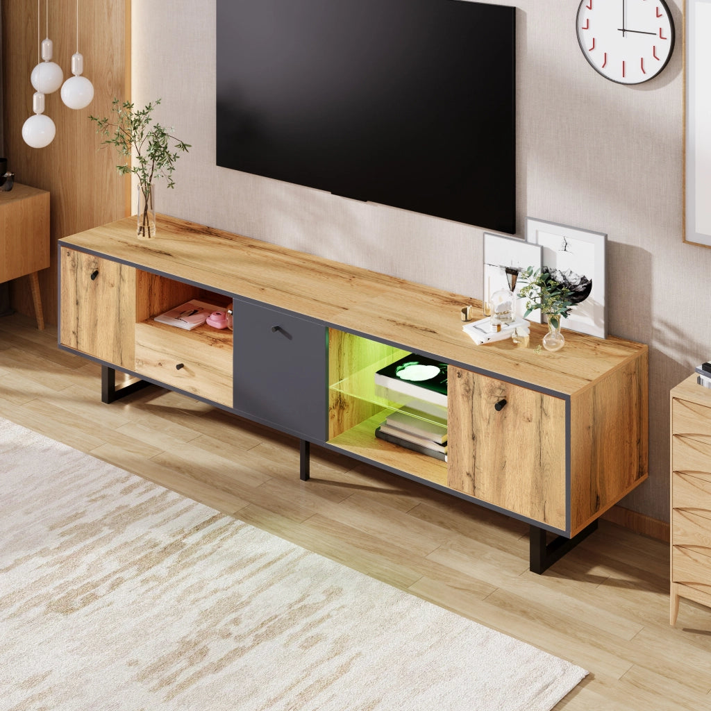 Mobile TV basso moderno con LED, ante con cerniere ammortizzate, 3 ante, 3 scomparti e 1 cassetto