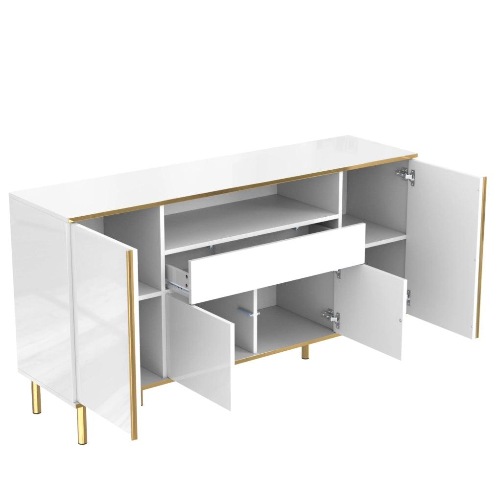 Credenza bianca lucida 150 cm con LED, 4 ante e cassetto