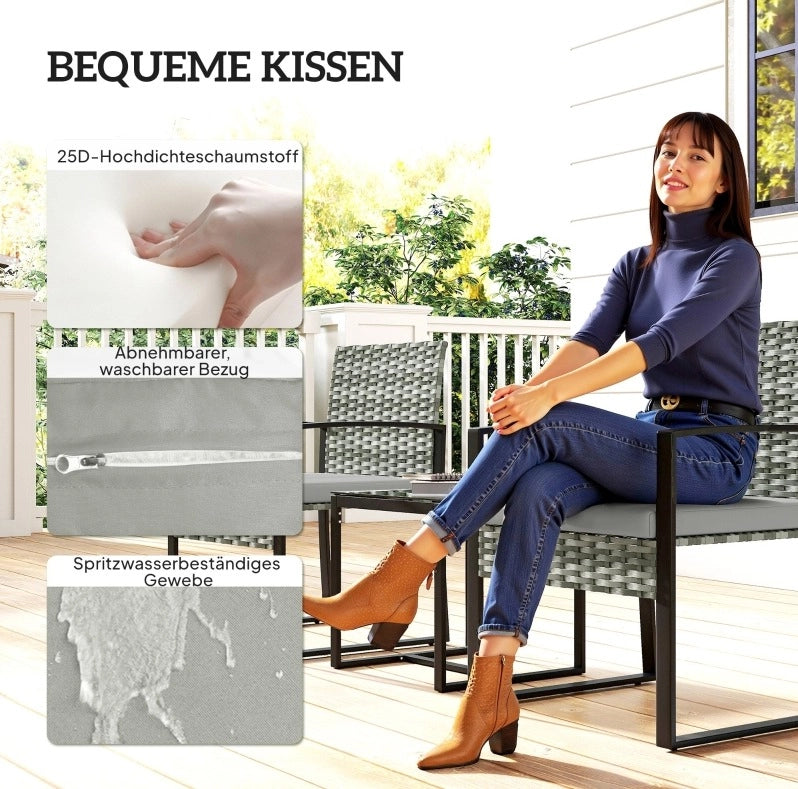 Set da Giardino in Rattan 3 Pezzi con 2 Poltrone e Tavolino con Cuscini Rimovibili Grigio Chiaro