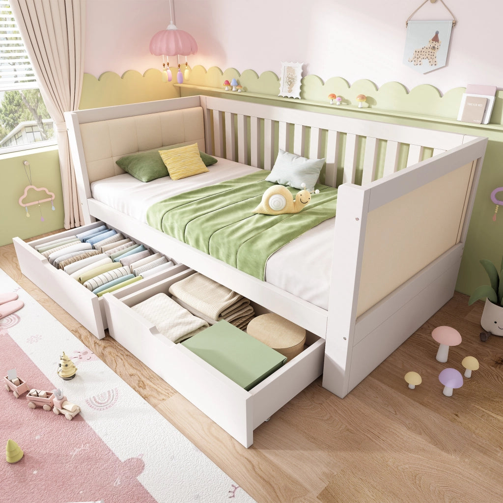 Divano letto 90 x 190 cm con contenitori, letto singolo in pino massello bianco con 2 cassetti su ruote, schienale 3 lati e braccioli arrotondati