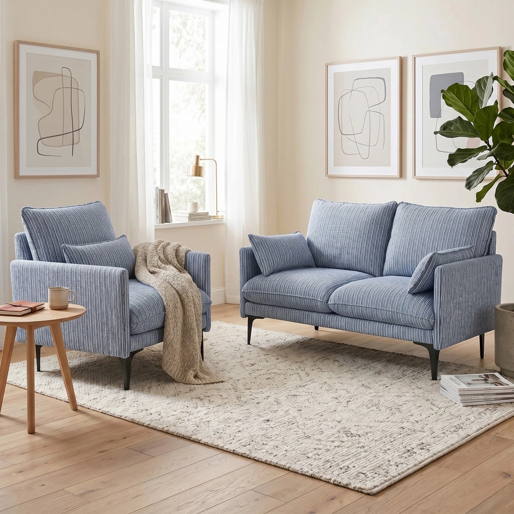 Divano 2 Posti 131x78x83 cm con Braccioli Imbottitura Spessa e 2 Cuscini in Tessuto Blu