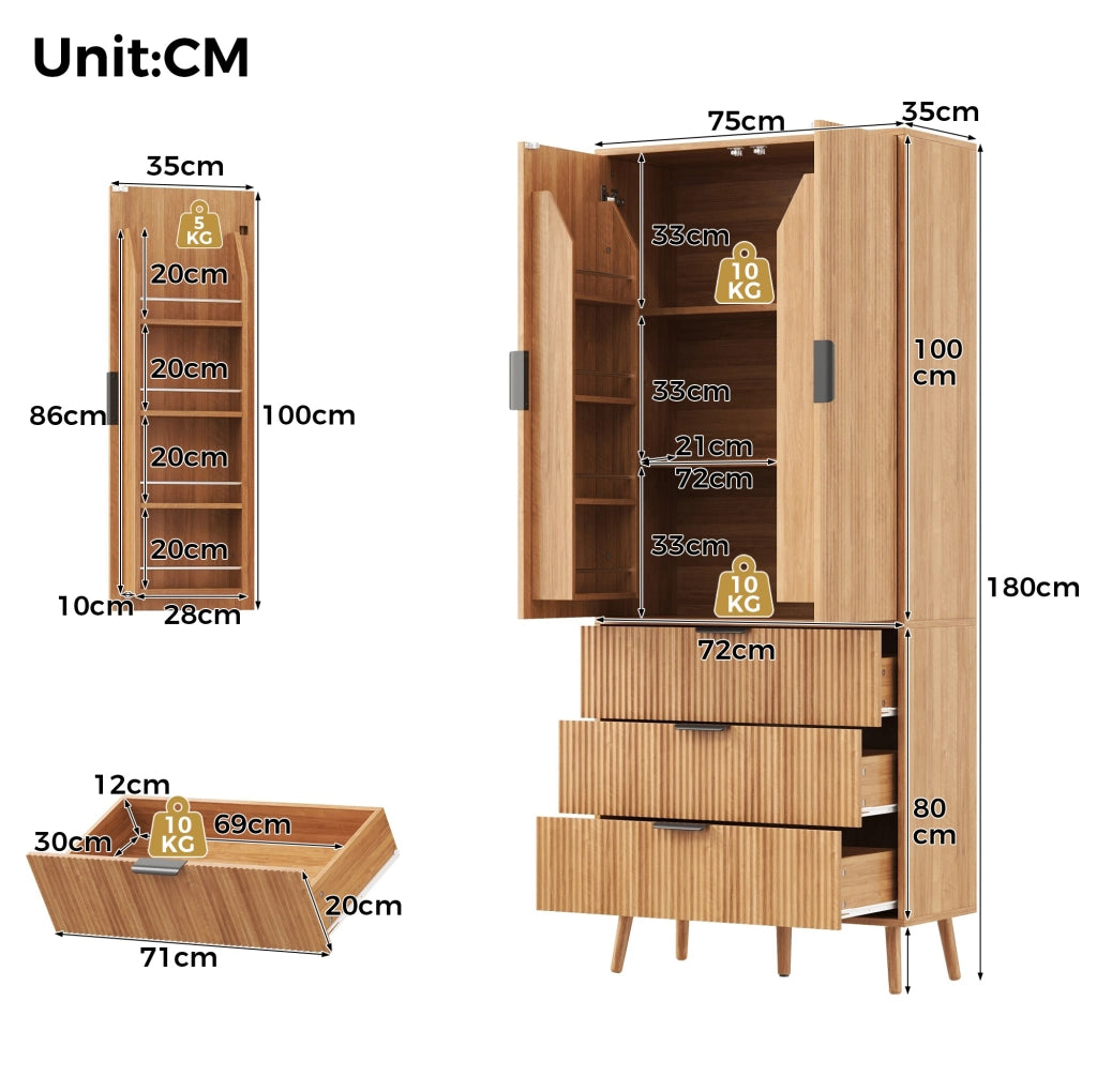 Armadio dispensa in MDF con 2 ante; 3 cassetti e ripiani regolabili; 75 x 35 x 180 cm; naturale