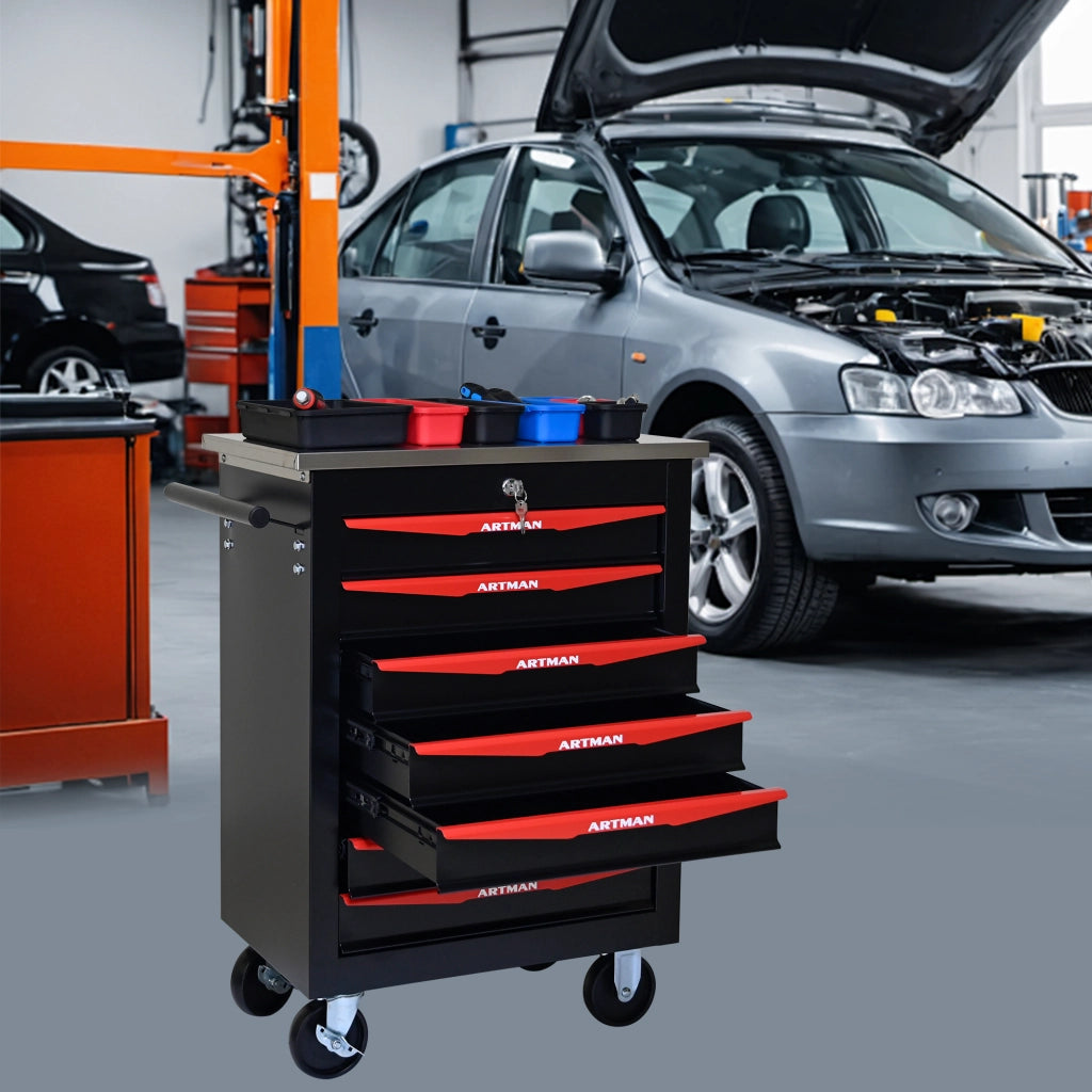 Carrello portautensili con 7 cassetti chiudibile a chiave in acciaio con ruote nero e rosso 62.5 × 34.5 × 78 cm