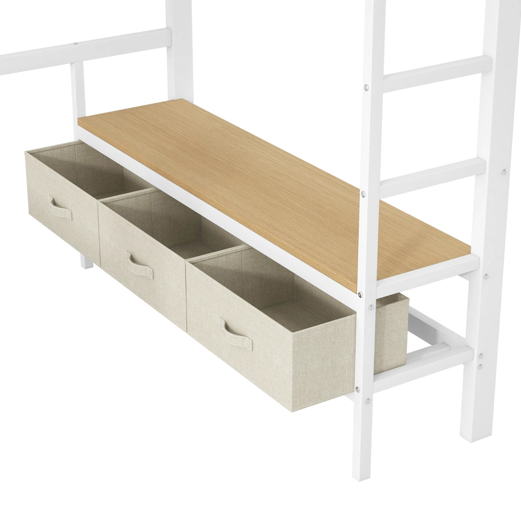 Letto a soppalco 90 ¡Á 200 cm con scrivania; armadio aperto; ripiani; LED e porte USB in legno bianco