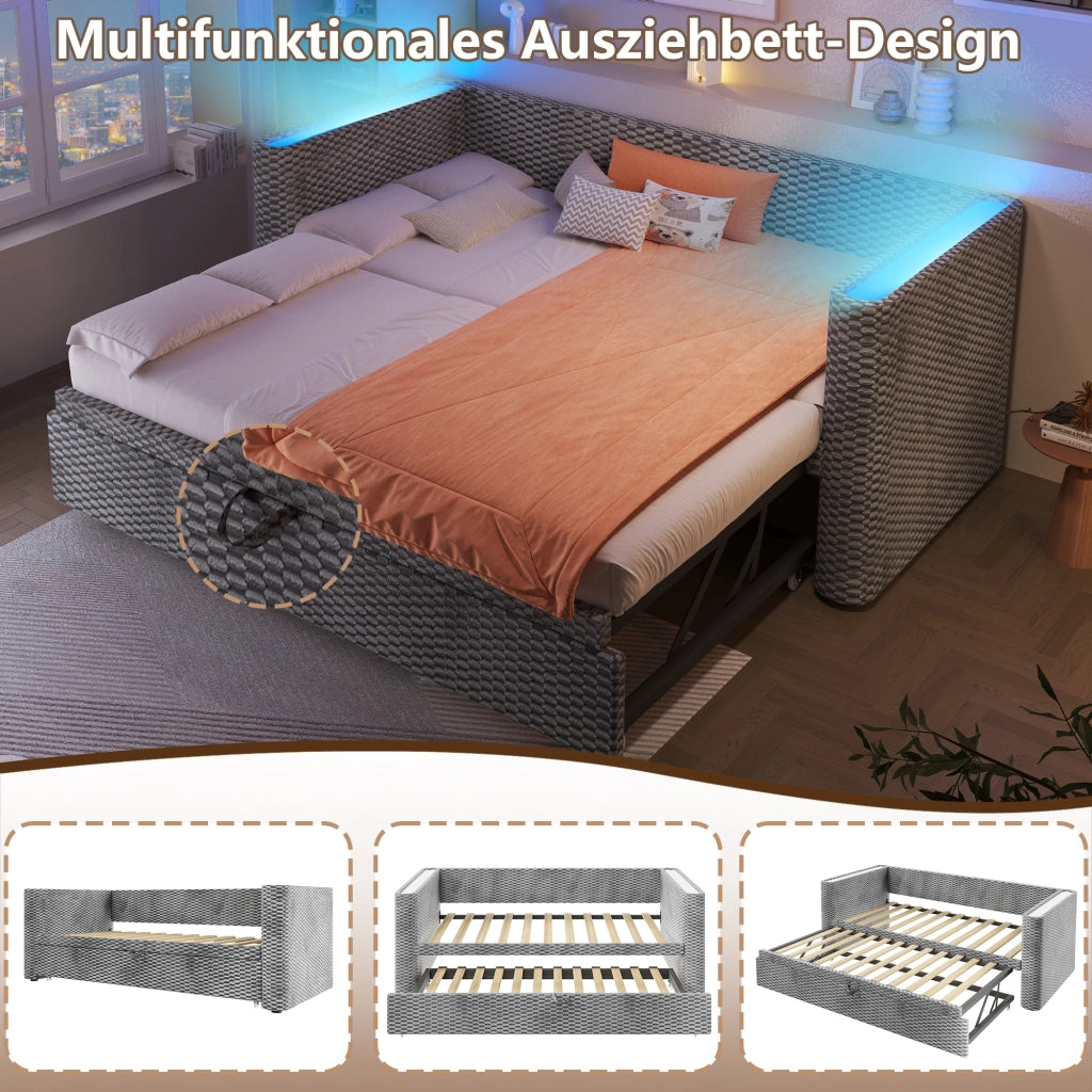 Letto divano estraibile 90 × 200 cm e 180 × 200 cm; 1 o 2 posti; LED multicolore; senza materasso; velluto grigio