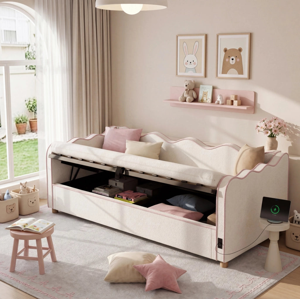 Letto 90x200 cm con contenitore idraulico, USB e USB-C in boucl¨¦ beige