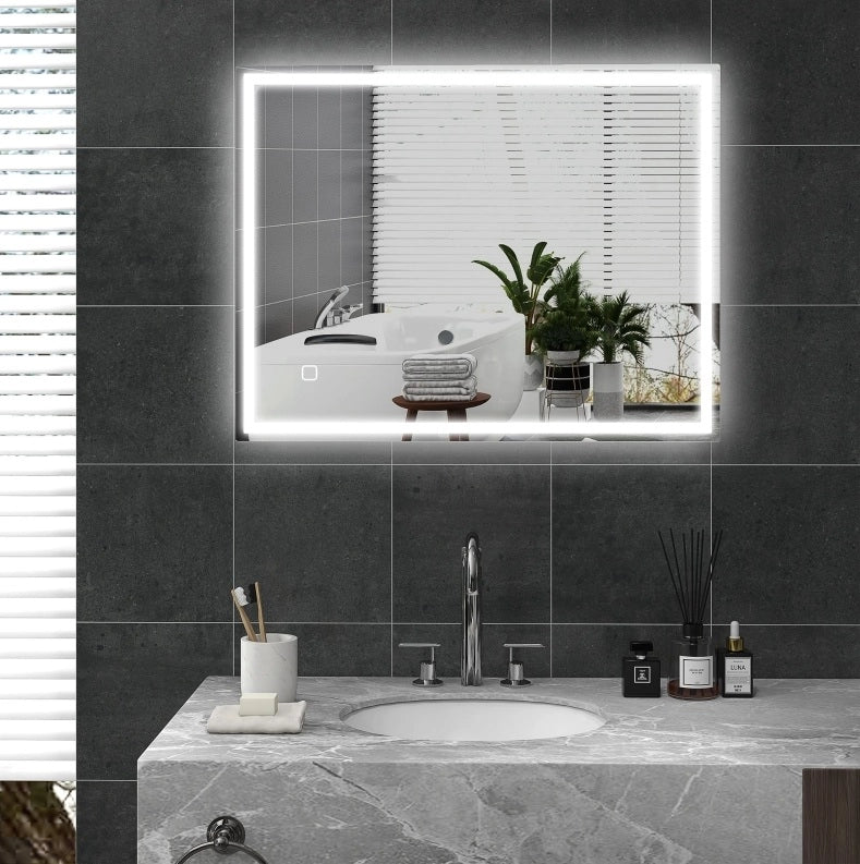 Specchio da bagno LED 90x70 cm con illuminazione dimmerabile e funzione memoria, design in vetro temperato argento