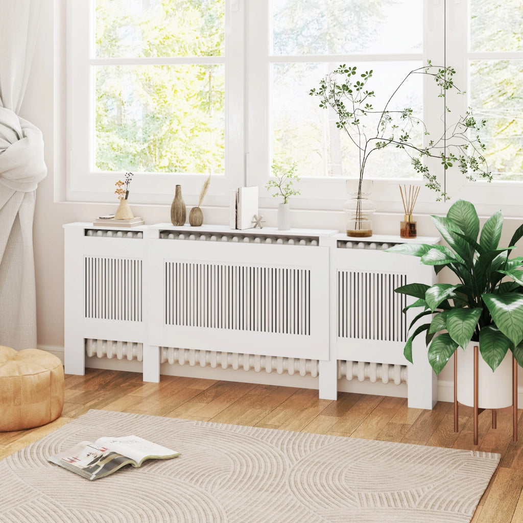 Mobile copritermosifone estensibile 125-201 cm in MDF bianco con design a doghe e ripiano per casa
