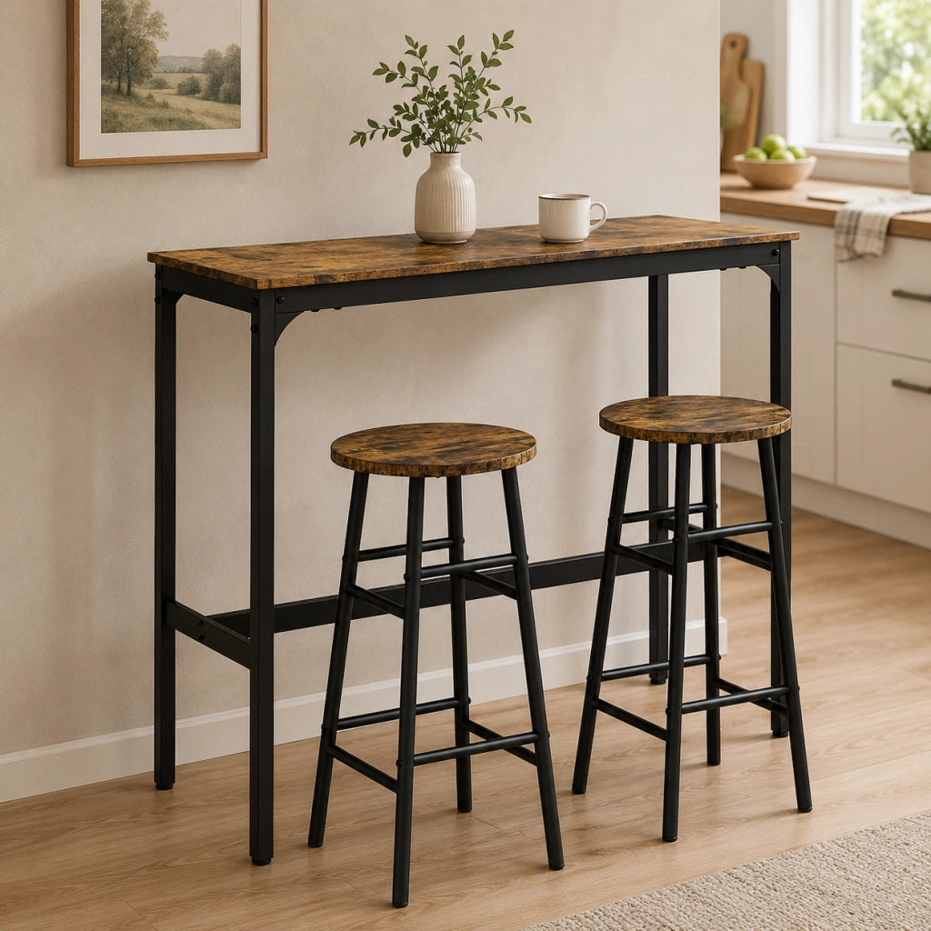Set bar con 2 sgabelli salvaspazio in MDF marrone
