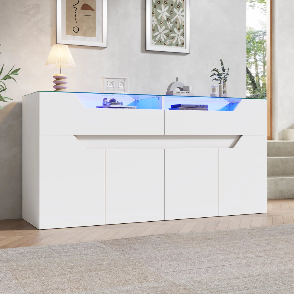 Madia con 2 cassetti e ante in MDF bianco; vetro temperato e illuminazione LED controllabile tramite app 140 × 40 × 70 cm