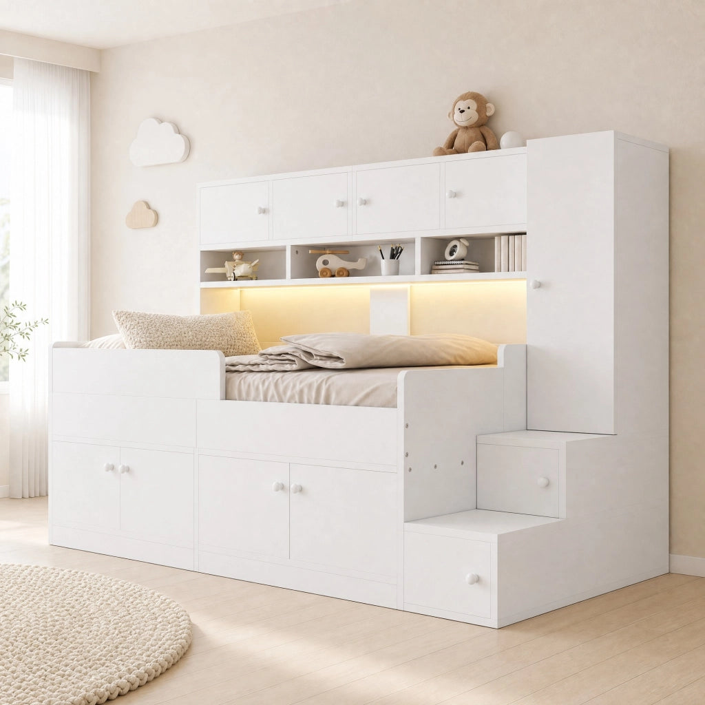 Letto per bambini 90x200 cm in legno; con contenitori; scaffali e LED; bianco
