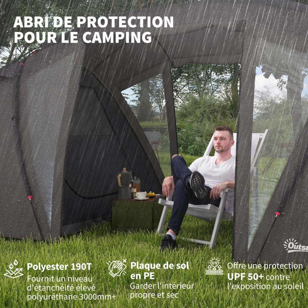 Tenda da Campeggio Familiare a Tunnel per 4-6 Persone in Poliestere Nero, Impermeabile 3000 mm con 2 Porte e Borsa di Trasporto
