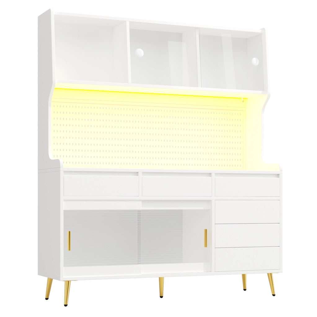 Mobile alto da cucina 145x39x171 cm con ante scorrevoli, LED RGB e vetro rigato bianco HAVRYA