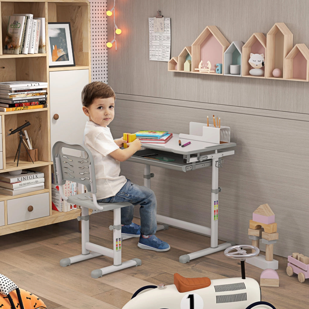 Banco Scuola per Bambini 6-12 Anni con Sedia e Altezza Regolabile, Piano Inclinabile, 66x47x52-77 cm, Grigio