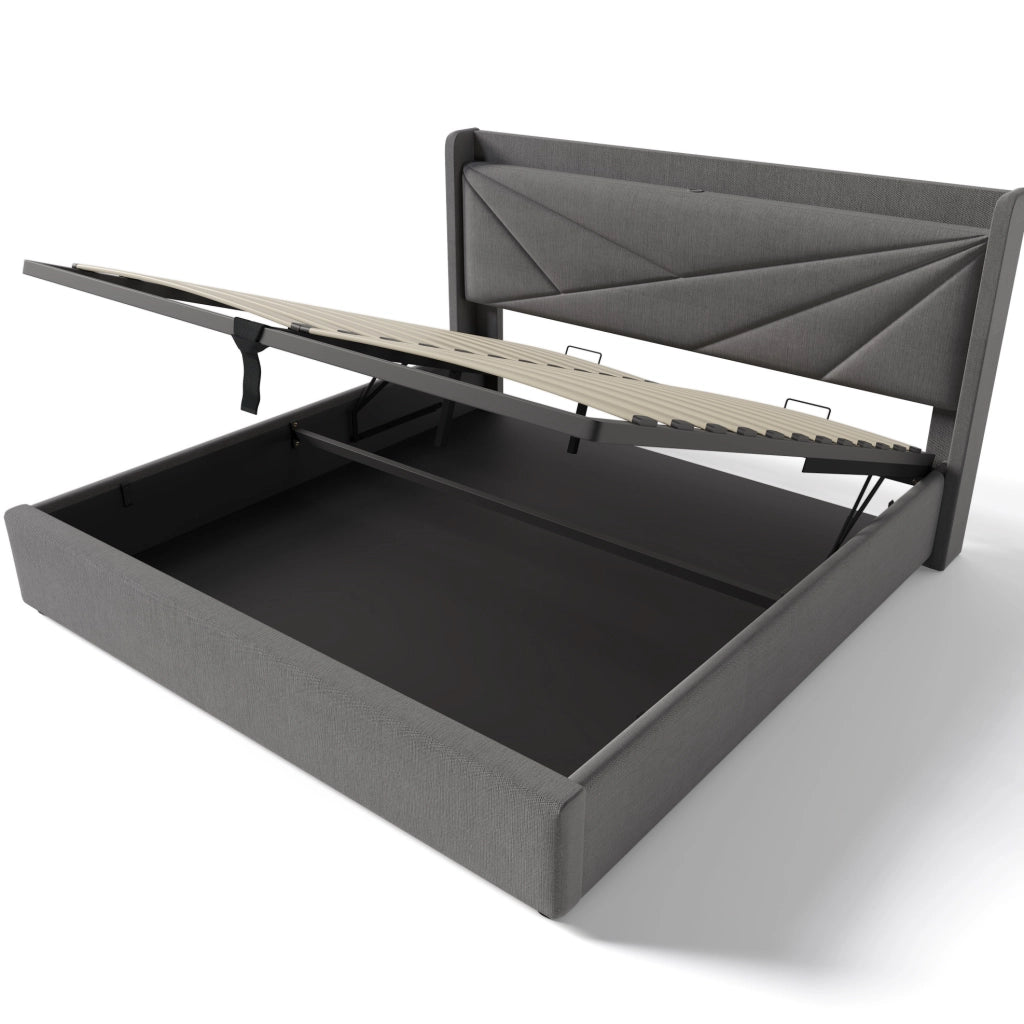 Letto 180x200 cm con contenitore, USB e USB-C in cotone e lino grigio