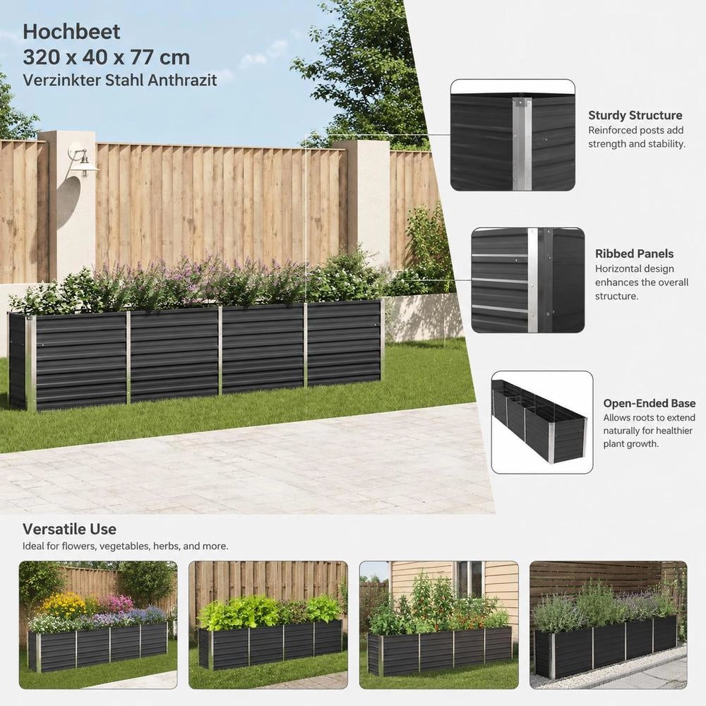 Raised Bed 320 X 40 X 77 Cm Galvanized Steel Anthracite