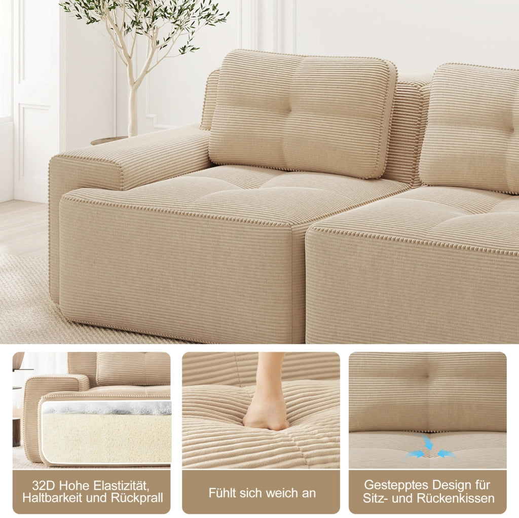 Divano modulare 4 posti con chaise longue a L, imbottito in velluto a coste beige senza braccioli