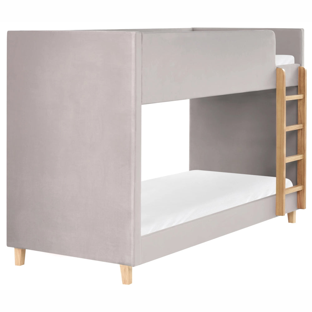 Letto a castello 3 piedi per bambini alto imbottito in velluto e scaletta in in legno di pioppo grigio chiaro 90x200 cm cameretta