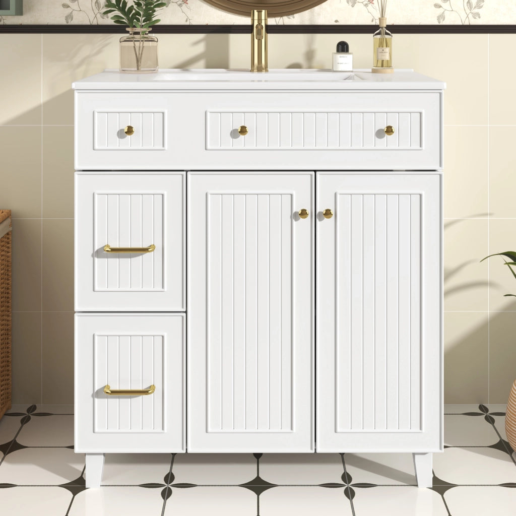 Mobile Bagno a Terra 81;7 cm con Lavabo in Ceramica; Cassetti e Anta; MDF; Bianco