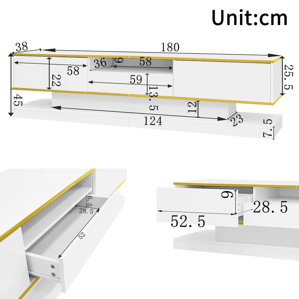MOBILE TV 180x38x45 cm Bianco lucido con LED multicolore e 3 cassetti