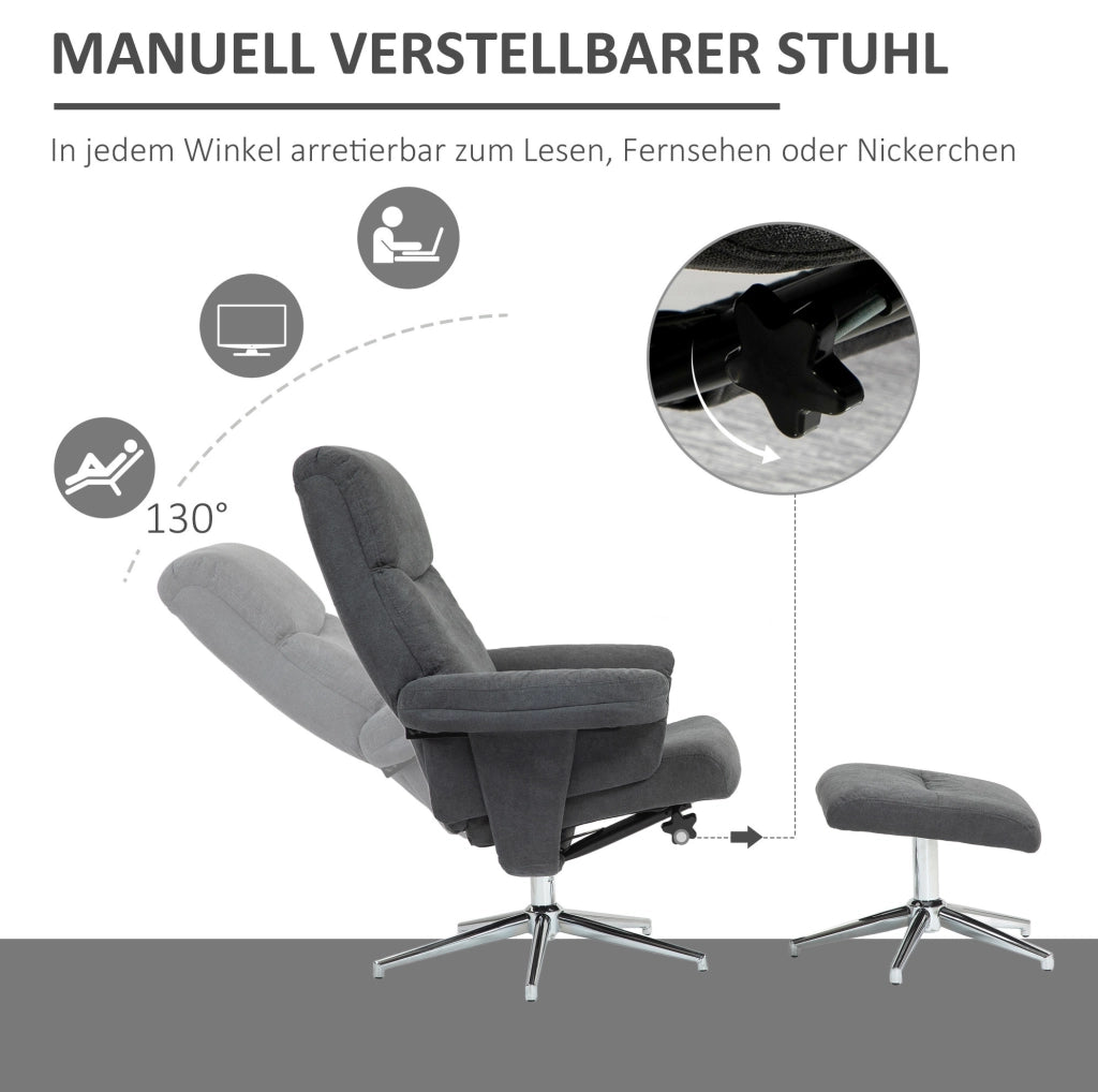 Poltrona Relax con Poggiapiedi in Velluto, Sedia Recliner con Schienale Regolabile fino a 130°, Grigio Scuro, Portata 150 kg