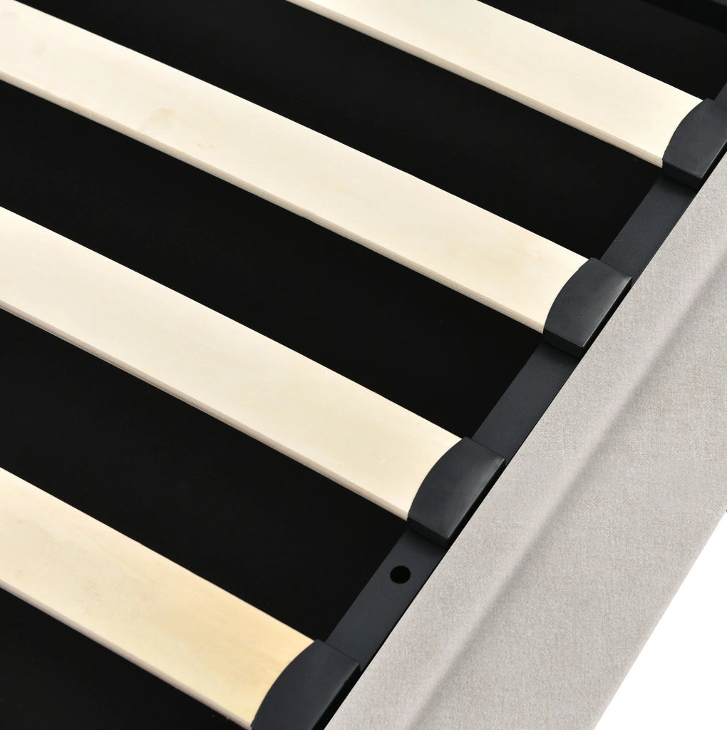 Letto imbottito 140x200 cm con contenitore, luce da lettura USB e rivestimento in lino beige