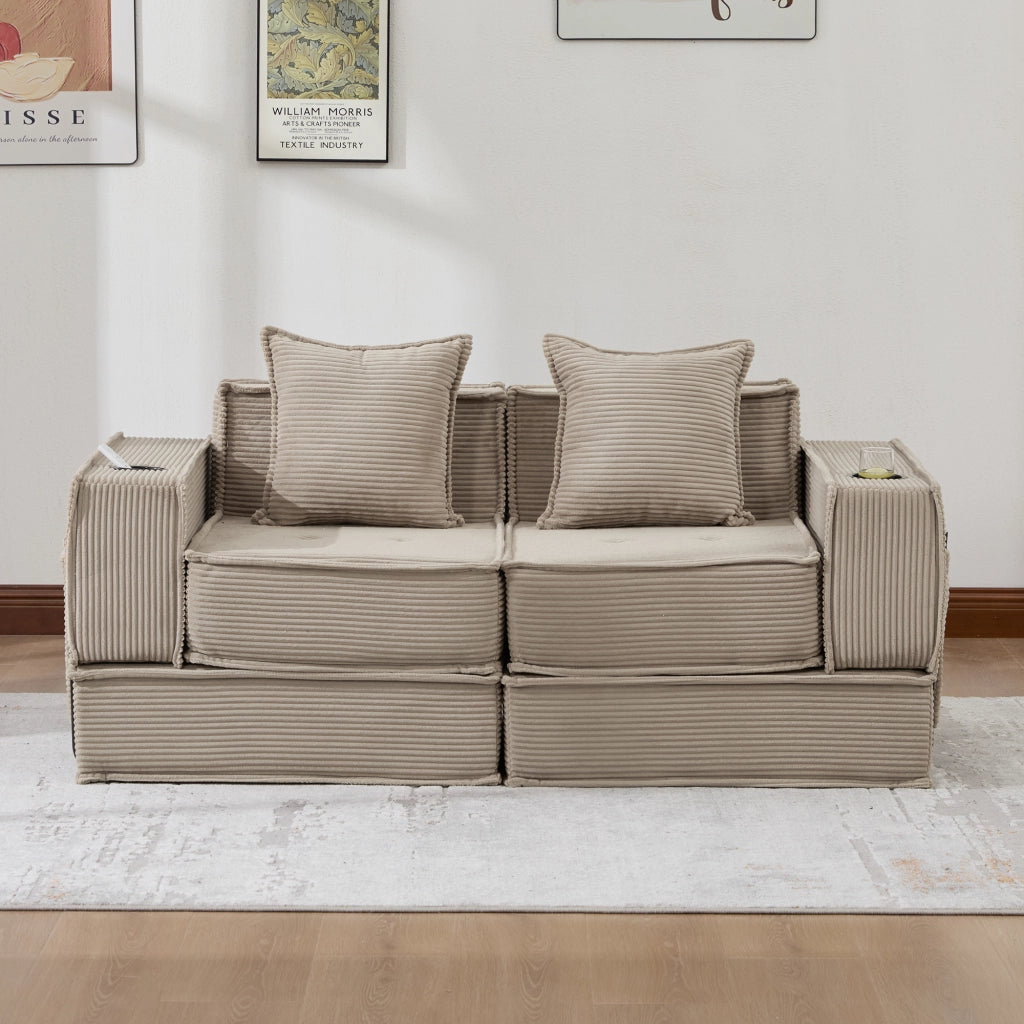 Divano letto 2 posti in velluto a coste kaki con pouf; 2 cuscini; portabicchieri e tasche