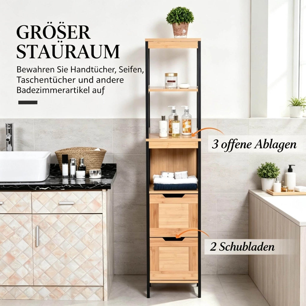 Colonna alta da bagno in bambù naturale e MDF con 3 ripiani e 2 cassetti, salvaspazio
