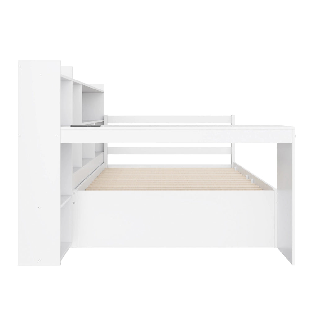 Letto multifunzionale 90x200 cm con letto estraibile; scrivania e scaffali; bianco
