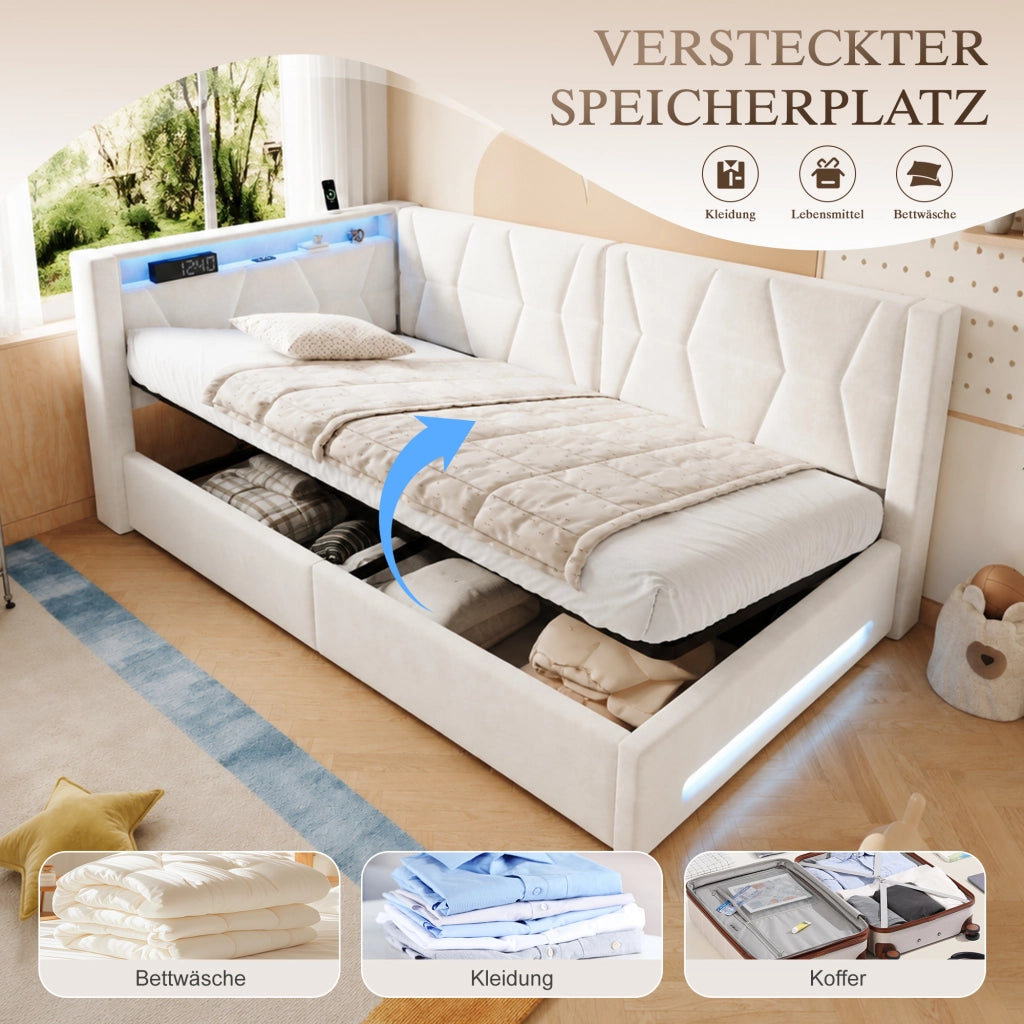 Letto singolo con contenitore 90 × 200 cm idraulico con LED USB e Type-C in velluto beige rete a doghe inclusa