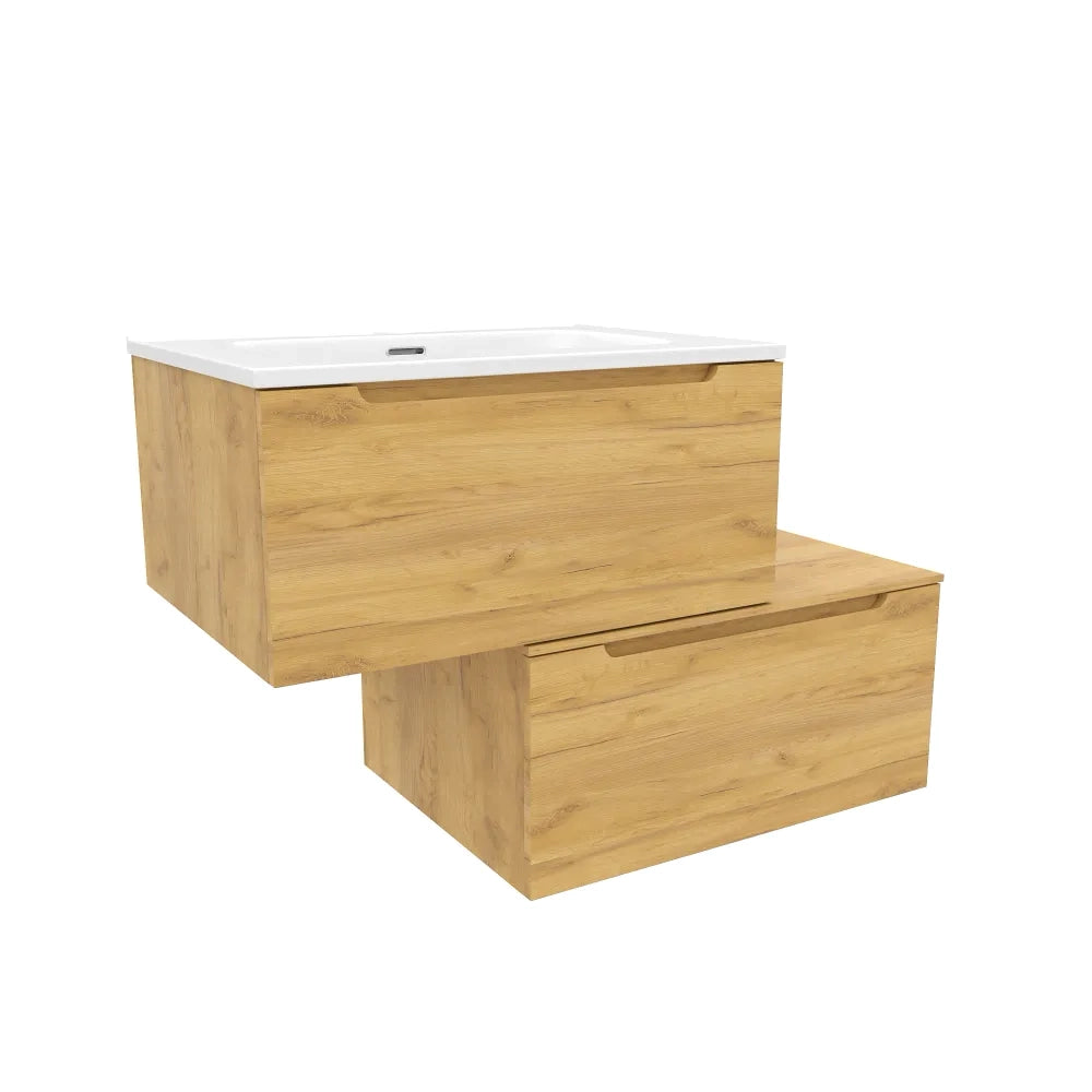 Mobile bagno sospeso modulare 60 cm rovere chiaro due cassetti con lavabo bianco lucido | Bako