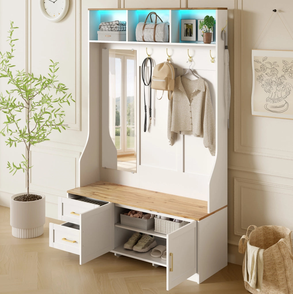 Mobile guardaroba 120x40x187 cm bianco e legno in MDF con LED e specchio