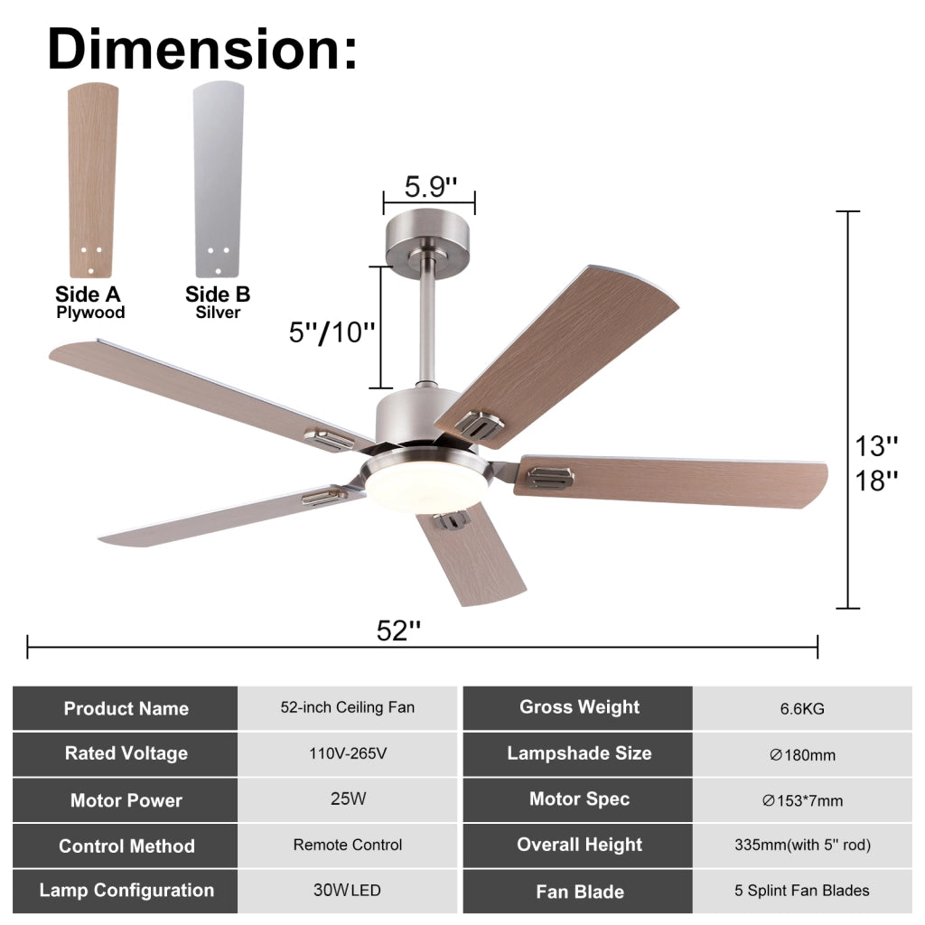 Ventilatore da soffitto con luce e telecomando in metallo e legno nickel dimmerabile con 6 velocità