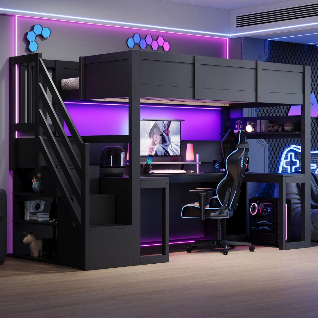 Letto a soppalco 90 × 200 cm con scrivania scala contenitore USB LED in MDF e compensato nero