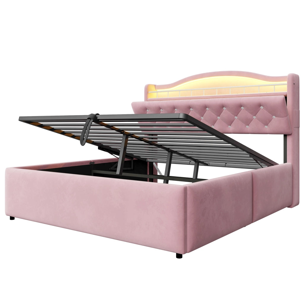 Letto Matrimoniale Contenitore 140x200 cm in Velluto Rosa con Testiera LED; Prese USB/USB-C e Rete a Doghe in Metallo