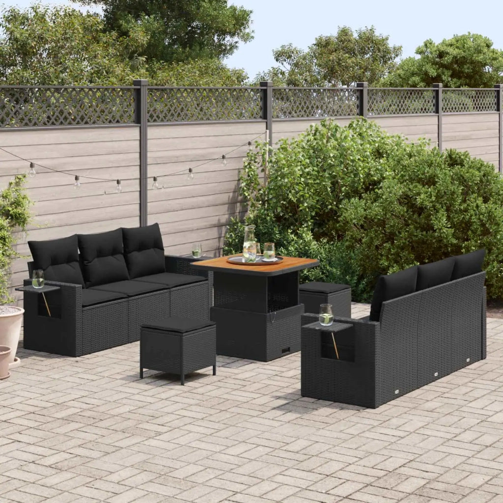 Set Divano da Giardino con cuscino 9 pcs Nero polyrattan