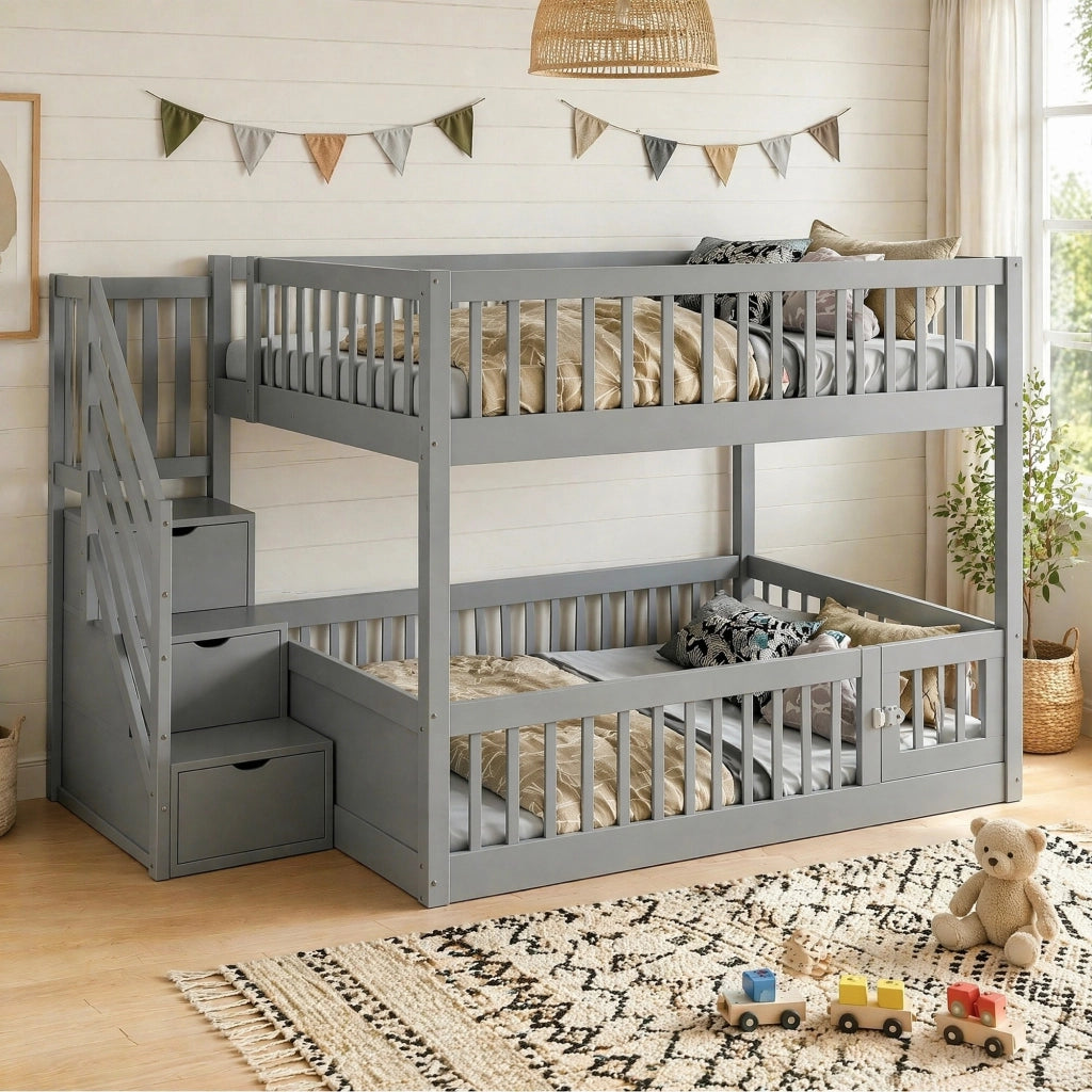 Letto a castello 140x200 cm grigio in legno con scala contenitore e porta apribile