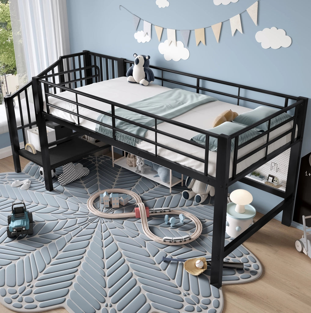 Letto a soppalco per bambini 90x200 cm in metallo nero con scala contenitore