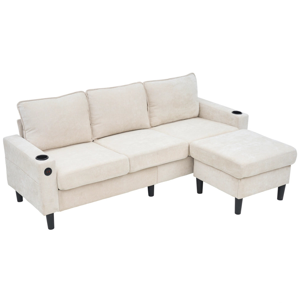 Divano angolare 202x137x80 cm in lino beige con pouf, USB, USB-C e portabicchieri