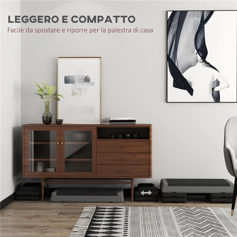 STEPPER FITNESS REGOLABILE A 10.5/15.5/20.5 CM CON SUPERFICIE ANTISCIVOLO E CAPACITÀ 250 KG GRIGIO