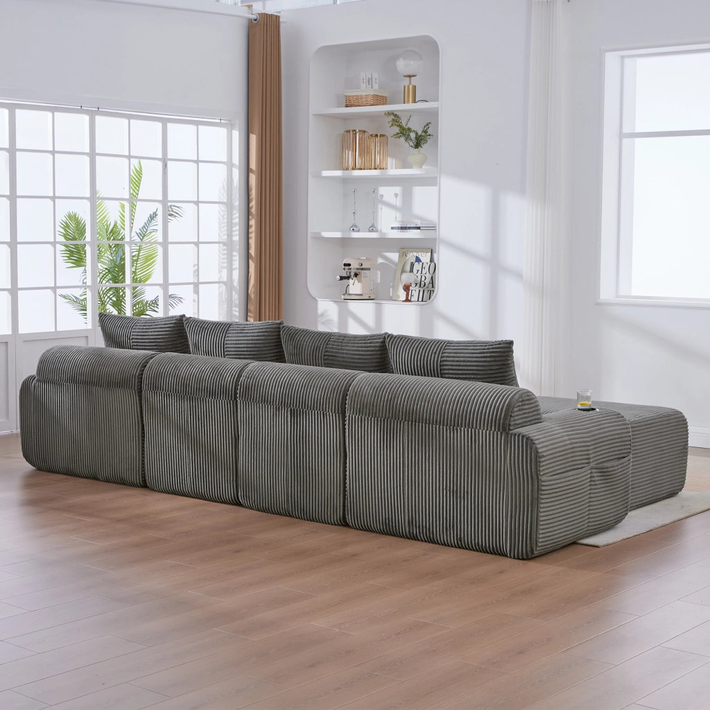 Divano modulare 4 posti con portabicchieri e tasca laterale in corduroy grigio scuro