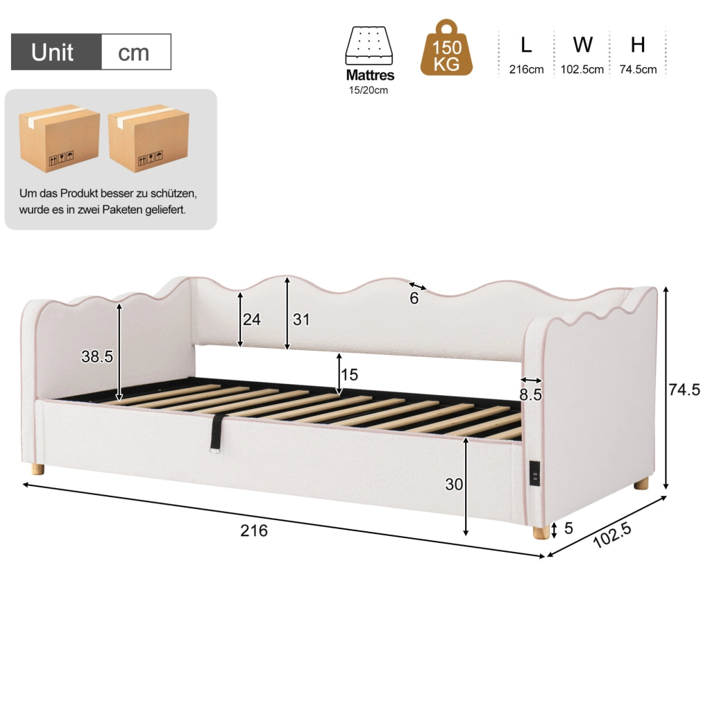 Letto 90x200 cm con contenitore idraulico, USB e USB-C in boucl¨¦ beige