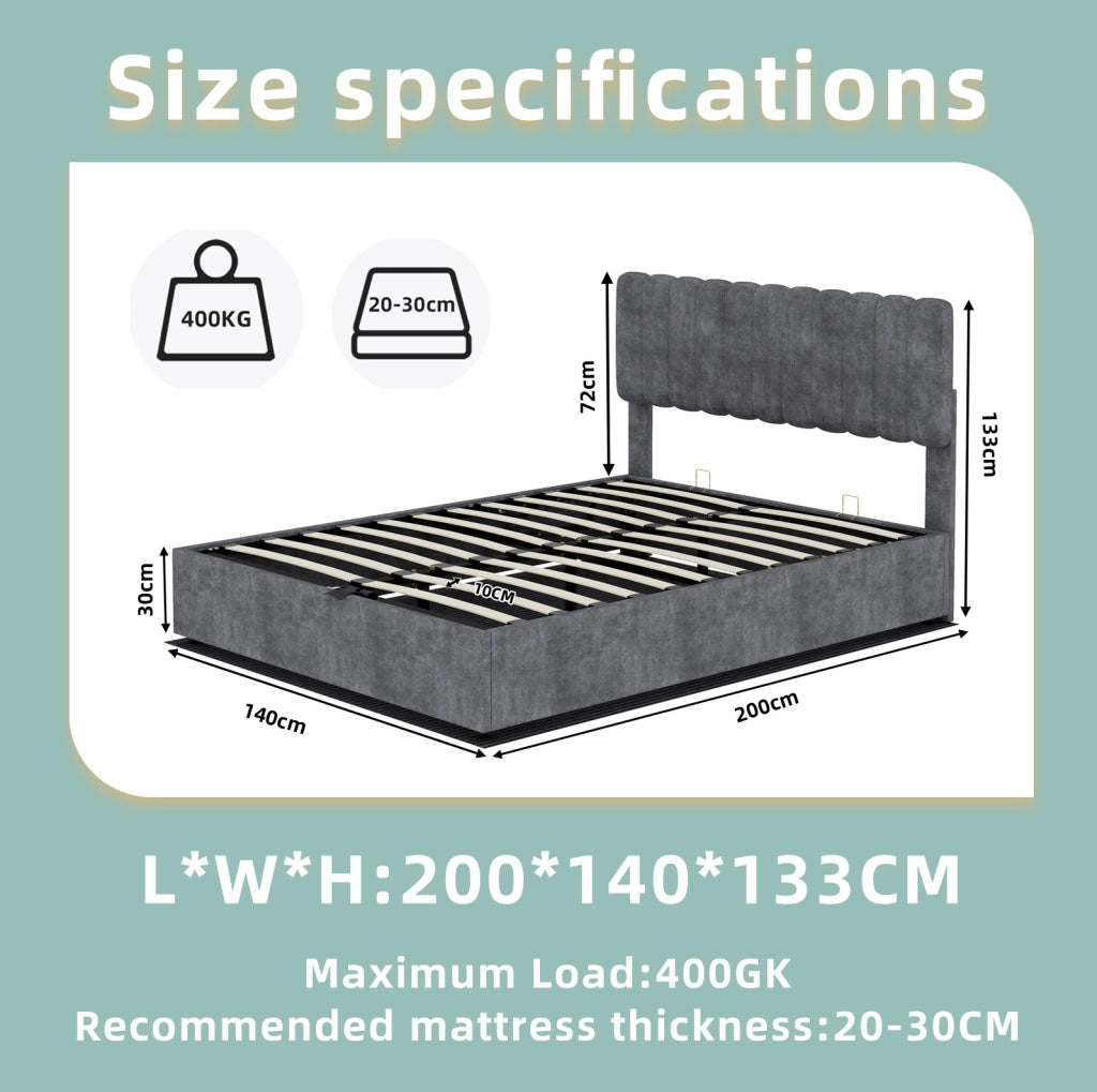 Letto Imbottito Moderno 140x200 cm con Testiera Morbida e Base Contenitore Grigia