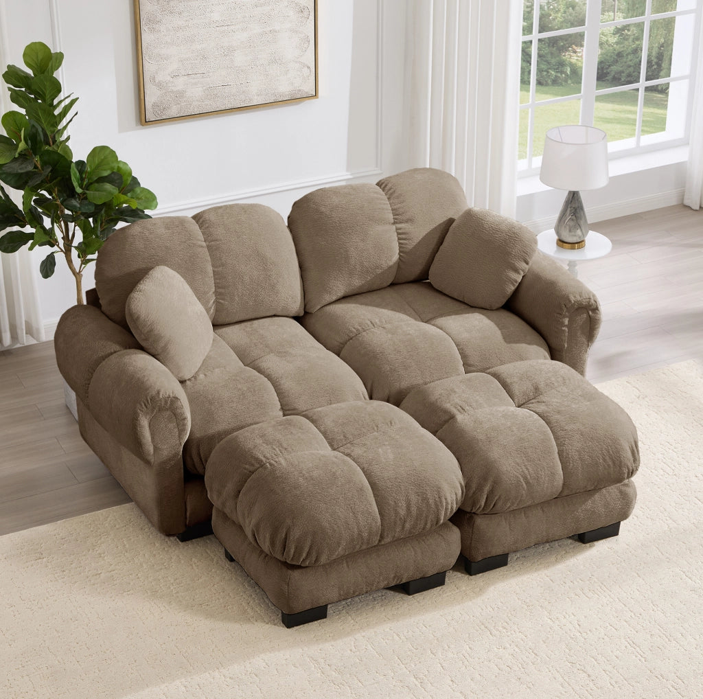 Divano 2 posti in ciniglia marrone con pouf mobile, design a U modulare, con cuscini spessi e supportivi
