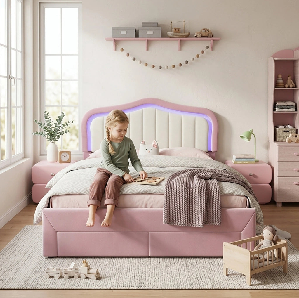 Letto imbottito per bambini 140x200 cm in velluto rosa con 2 cassetti e LED controllati via app HOMVRA