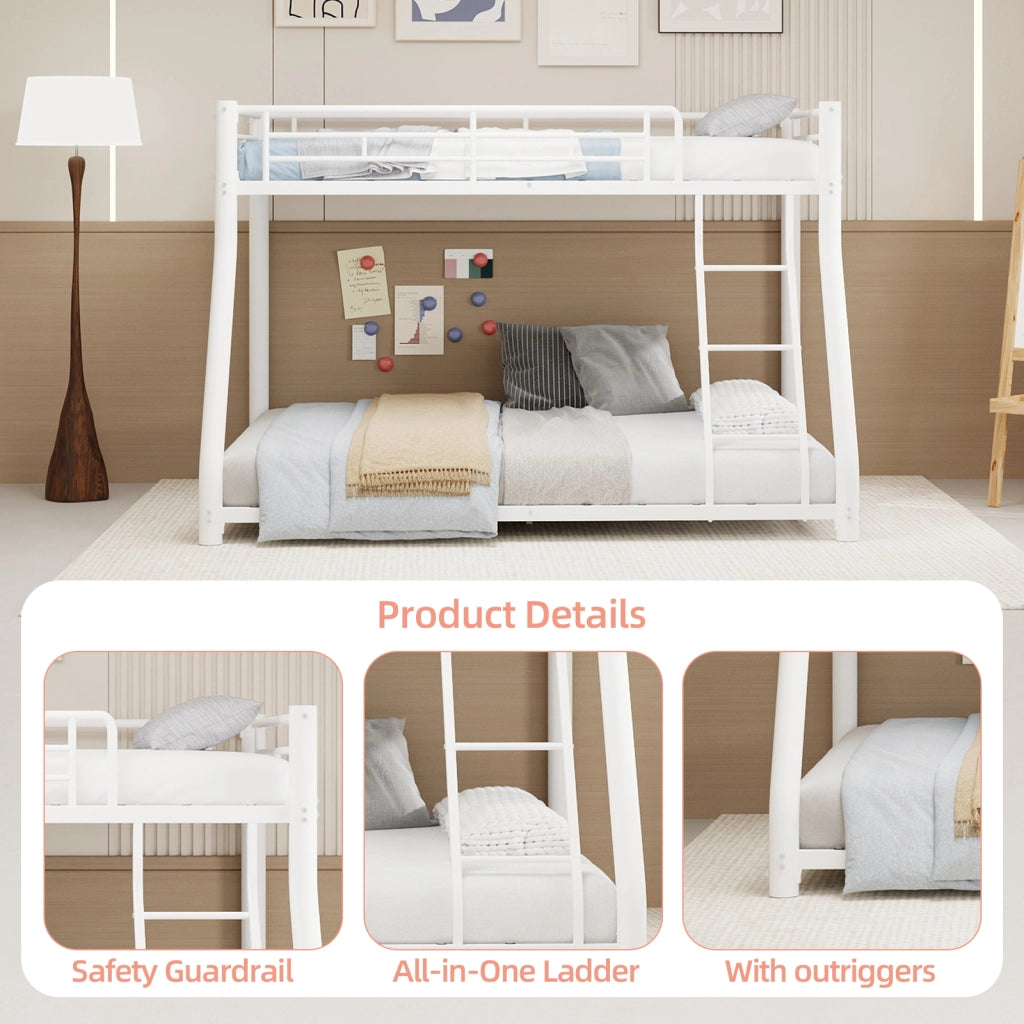 Letto a castello 90 × 190 cm e 140 × 190 cm in ferro bianco con scala sponde rialzate e rete a doghe