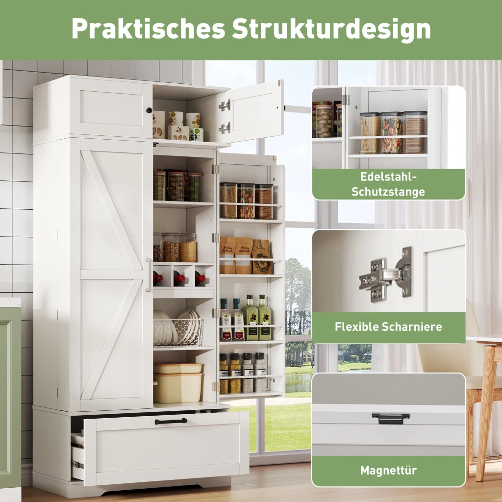 Mobile colonna da cucina con 7 vani portabottiglie; cassetto e ripiani regolabili; MDF bianco; 80 × 40 × 180 cm
