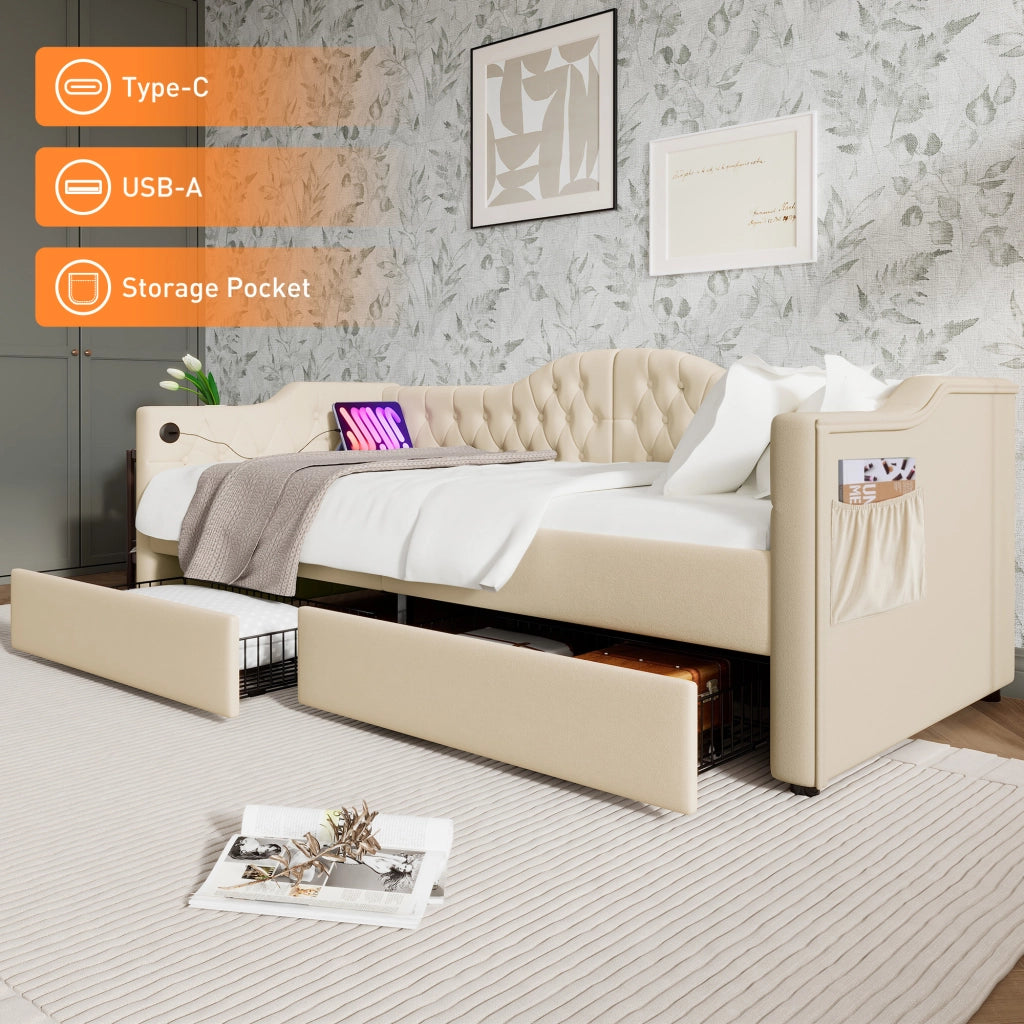 Letto singolo con due cassetti 90 × 200 cm con porte USB e Type-C rivestito in velluto beige senza materasso